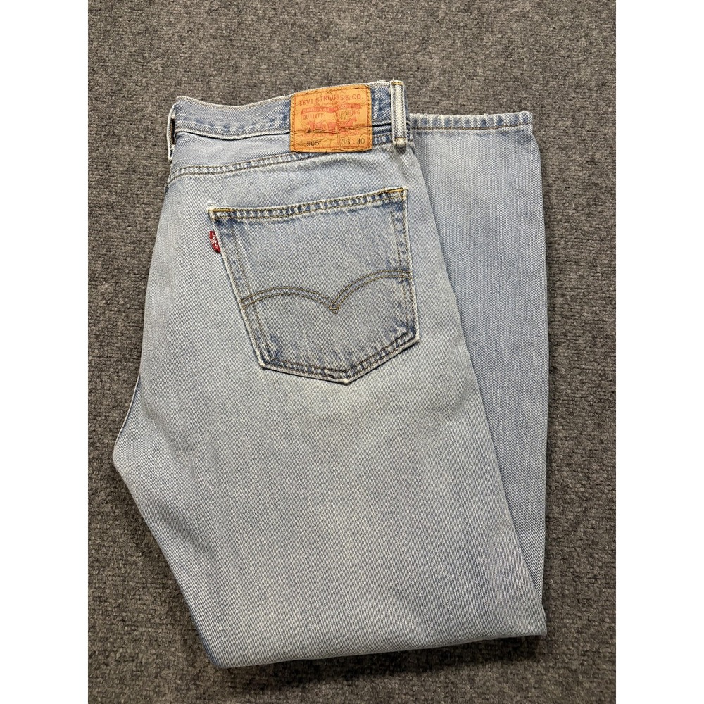 Levis 505 Jeans Mens 36x30 Light Wash Blue Distressed Straight Leg Denim Ripped
